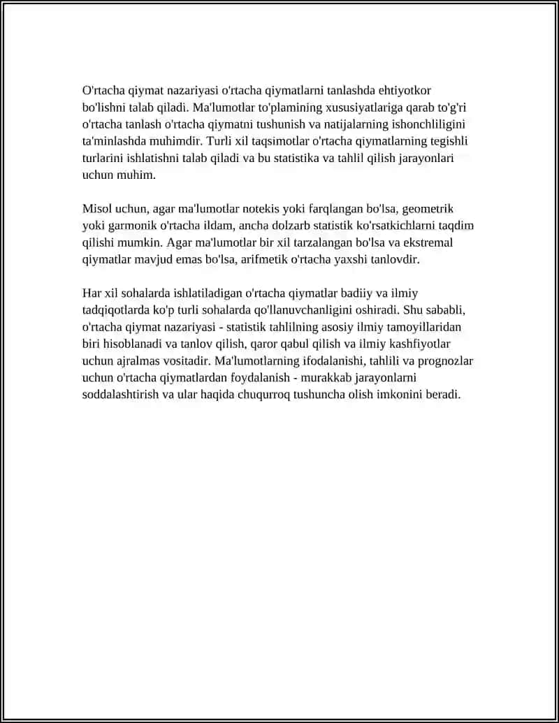 O'RTACHA QIYMATLAR NAZARIYASINING ASOSIY ILMIY TAMOYILLARI, O'RTACHALAR TURLARI 4