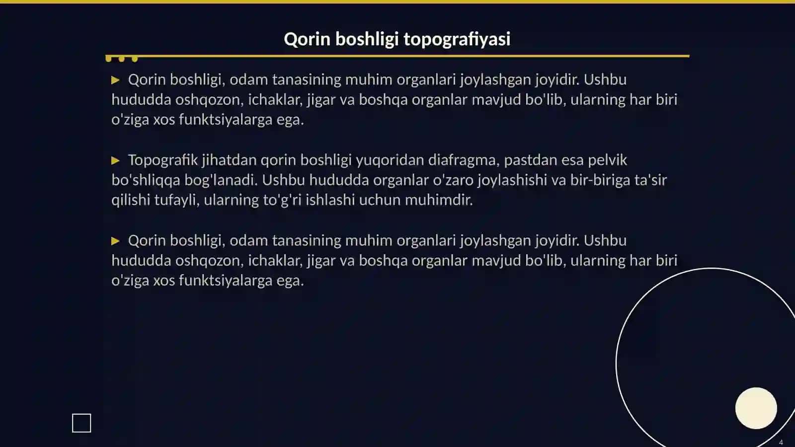 Halqum. Qizilongach. Qorin boshligi topografiyasi. Meda, ingichka,yogon ichak tuzilishi topografiyasi. Jigar. Meda ostibezi. Taloq tuzilishi. Arteriya, vena va kapilyarlarning tuzilishi. Qon aylanish doiralari qon tomirlari Erkaklar va ayollar tanosil azolari. Tuzilish topografiyasi va axamiyati 4