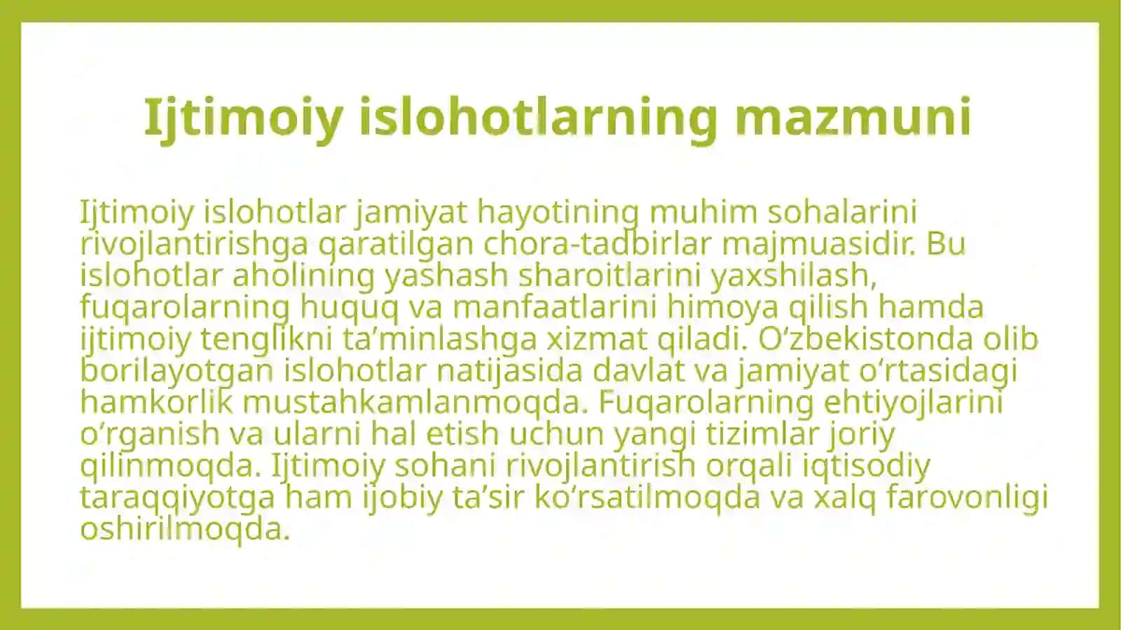O'zbekiston Respublikasida ijtimoiy sohadagi islohotlar 4