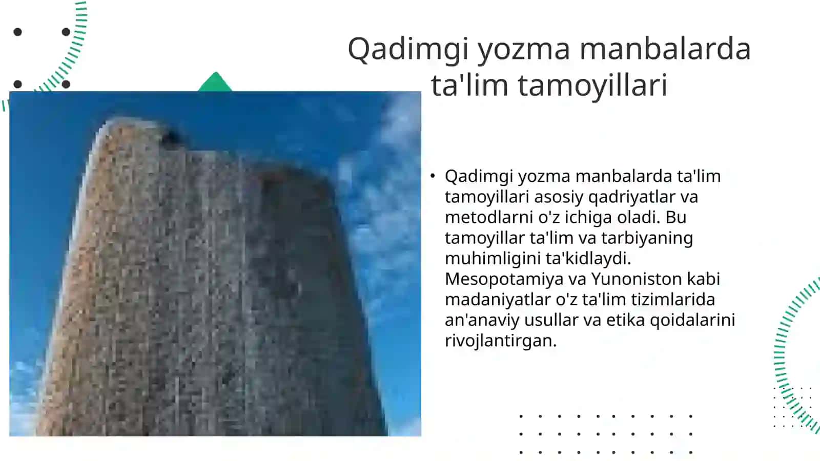 Eng qadimgi yozma manbalarda talim tarbiyaga oid fikirlar. Xalq pedagogikasi ilmiy pedagogikaning asosi 4