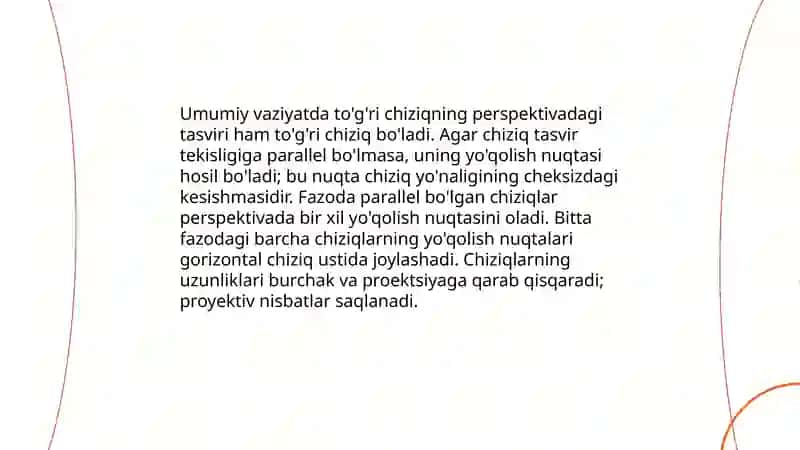 Umumiy va xususiy vaziyatdagi to'g'ri chiziqlarning perspektivasi 4