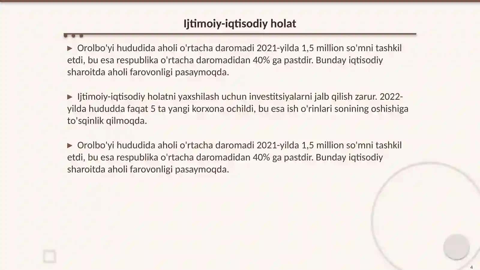 Orolbo'yi hududida aholining ijtimoiy ahvolini yaxshilash masalalari 4