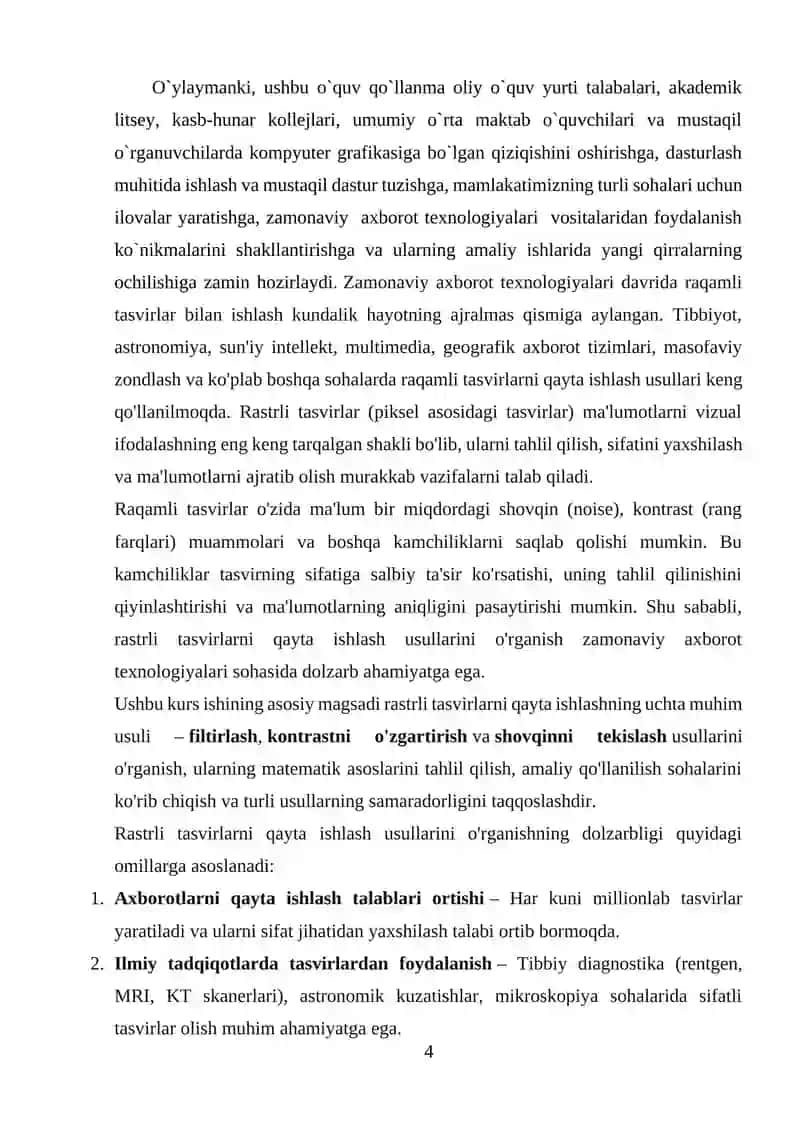 Rastrli tasvirlarni qayta ishlash usullari: Filtirlash, kontrastni o'zgartirish va shovqinni tekislash 4