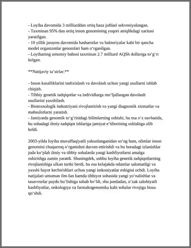 MUSTAQIL ISH Mavzu: INSON GENOMI LOYHASI 4