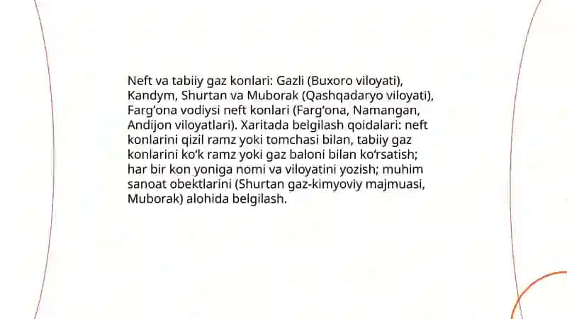 O‘zbekistonning foydali qazilmalari haqida maʼlumotlar tayyorlash va xaritada belgilash 4
