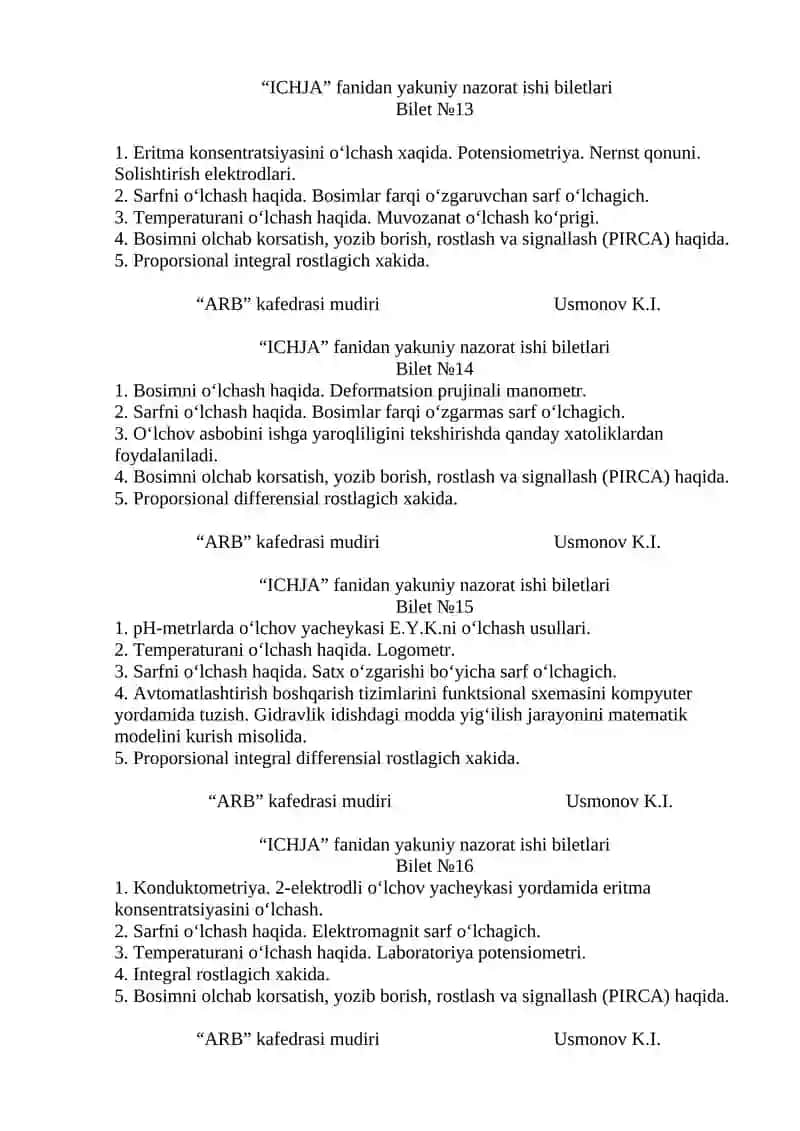"ICHJA" fanidan yakuniy nazorat ishi biletlari 4