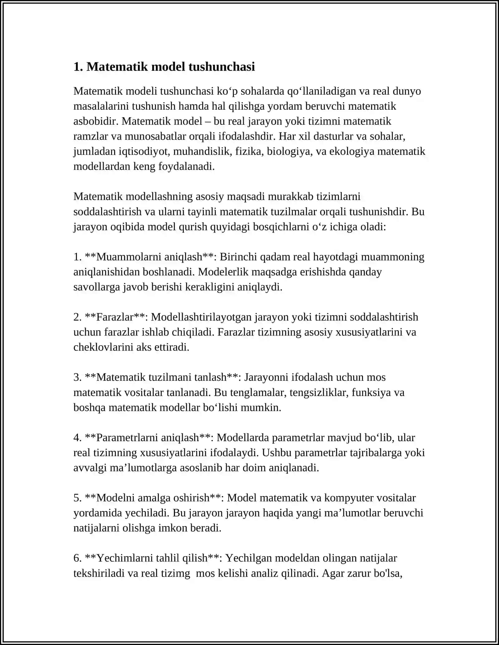 TIMSS XALQARO BAHOLASH DASTURIDA MATEMATIK MULOHAZA YURITISH VA MUAMMOLARNI HAL QILISH (MODELLASHTIRISH) ORASIDAGI BOGʻLANISH SIKLI 4