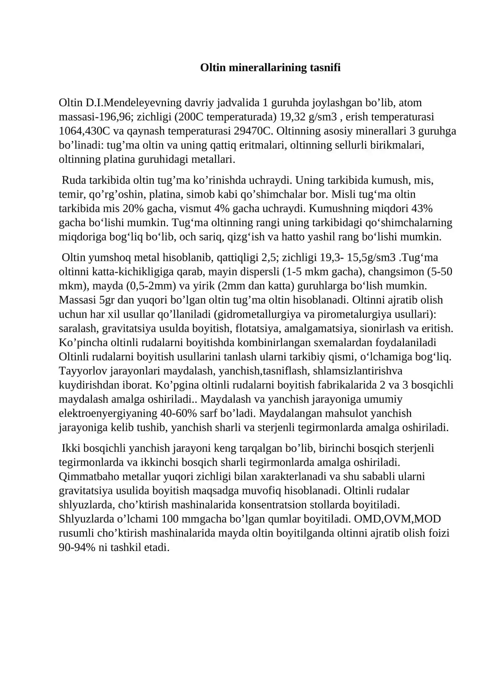 “Oltin rudasini boyitishning texnologik sxemasini tanlash va hisoblash” mavzusidagi DIPLOM ISHI 4
