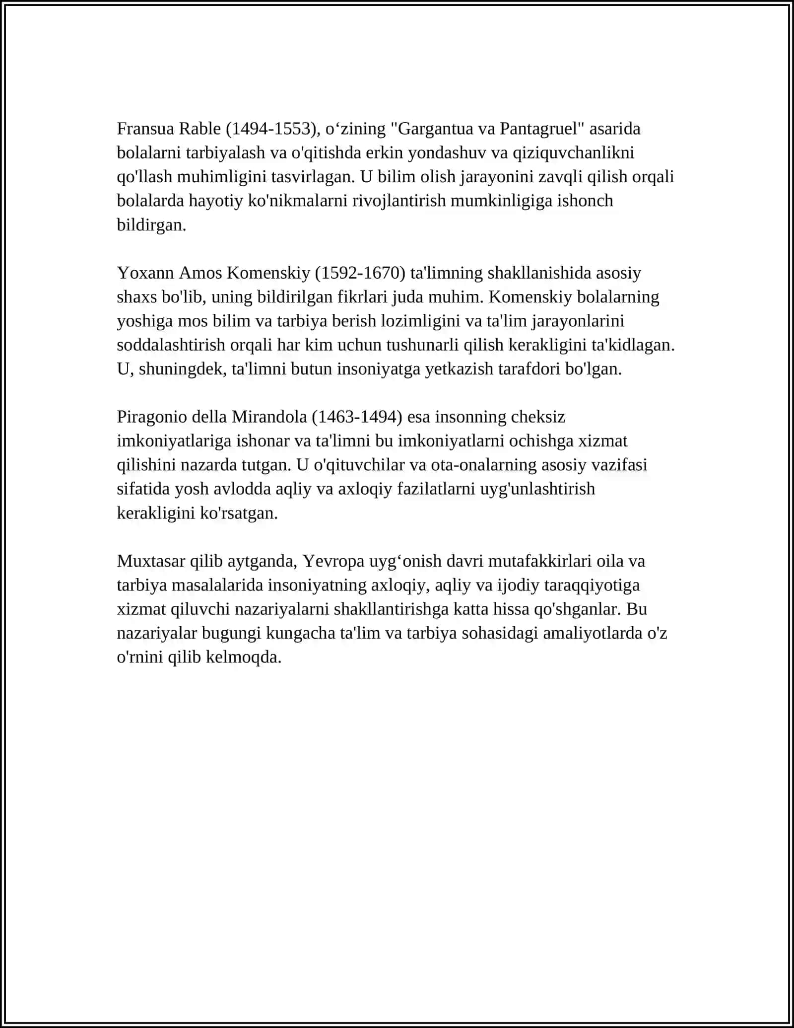 YEVROPA UYGʻONISH MUTAFAKKIRLARI ASARLARIDA OILA TARBIYASINING AKS ETISHI 4