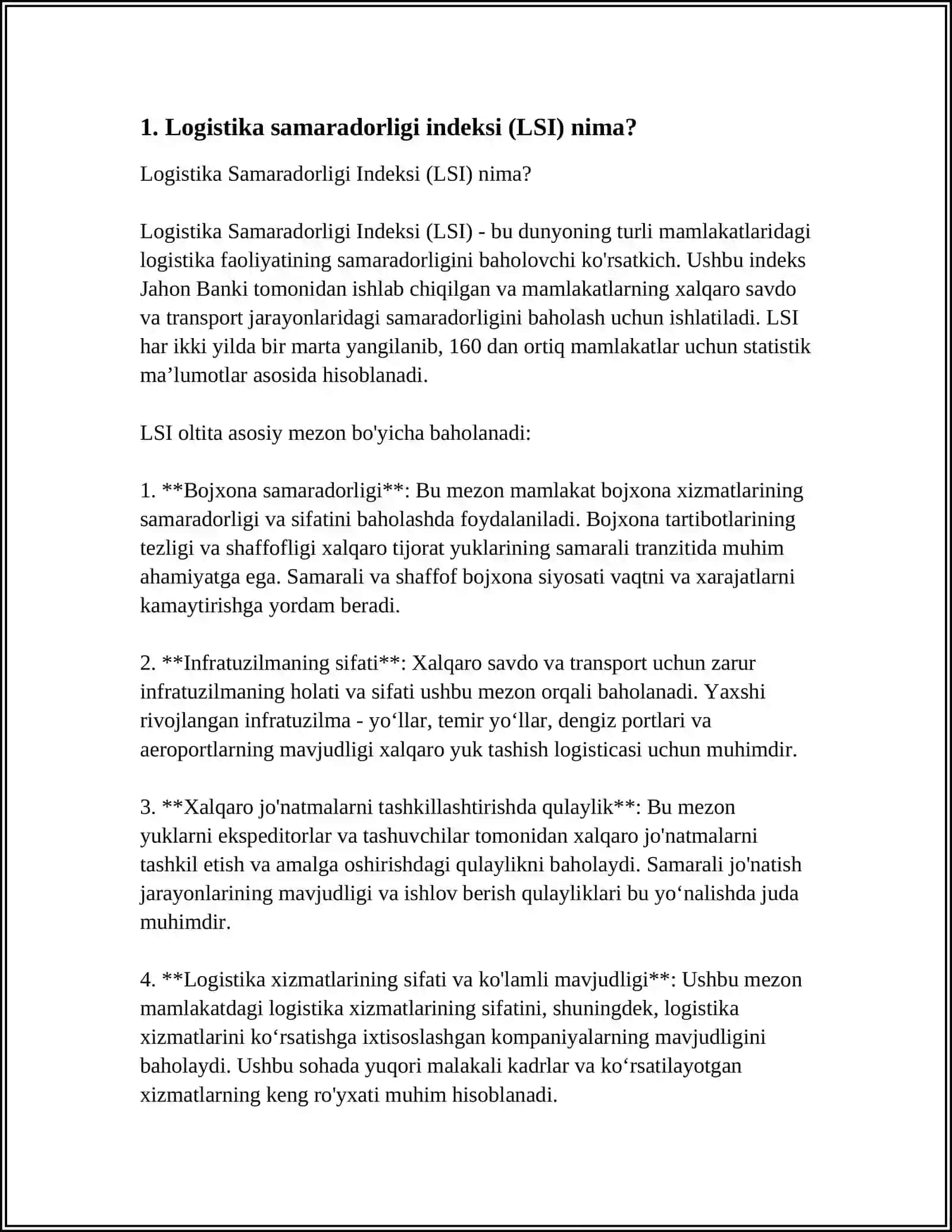 O‘ZBEKISTONNING “LOGISTIKA SAMARADORLIGI INDEKSI” DAGI O`RNI 4