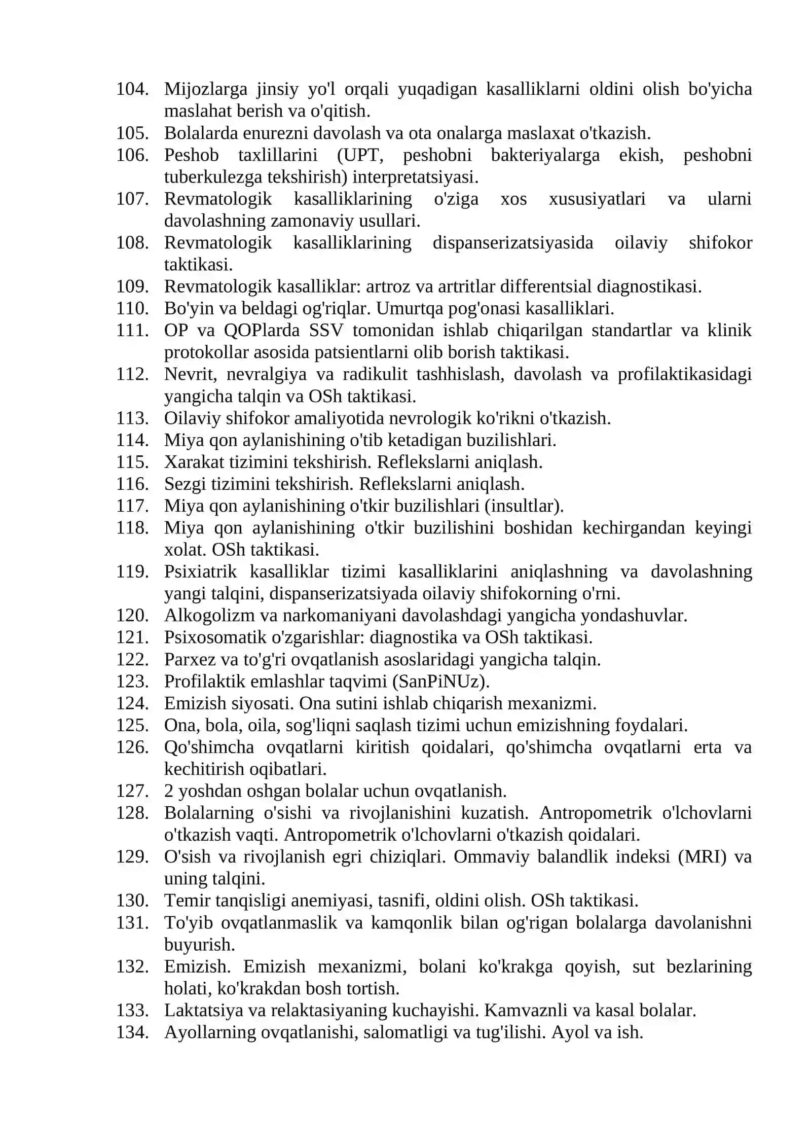 Oilaviy shifokorlik mutaxassisligi bo'yicha shakllantirilgan og'zaki savollar ro'yxati 2026 4