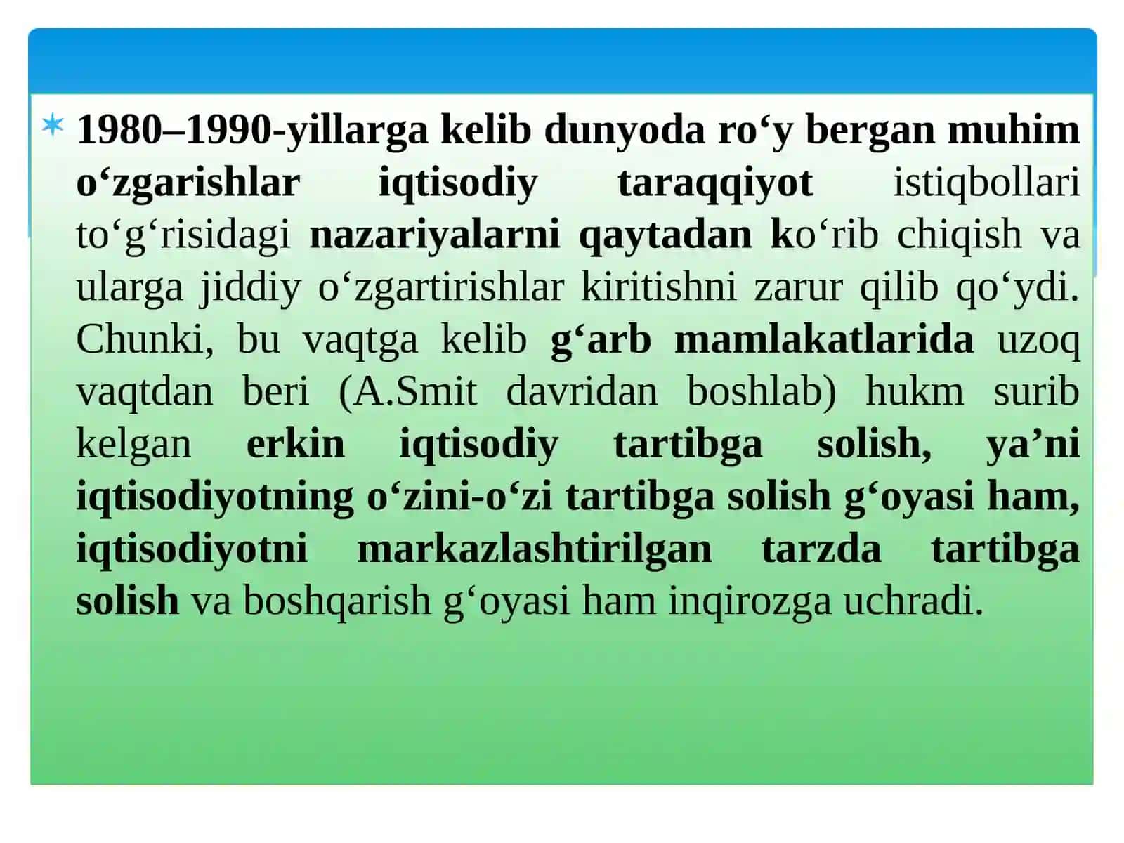 O‘TISH DAVRINING MOHIYATI VAAHAMIYATI.O‘ZBEKISTON RESPUBLIKASIDAGI MA’MURIY- BUYRUQBOZLIK TIZIMIDAN BOZOR MUNOSABATLARIGA O‘TISH DAVRI KONSEPSIYASI 4