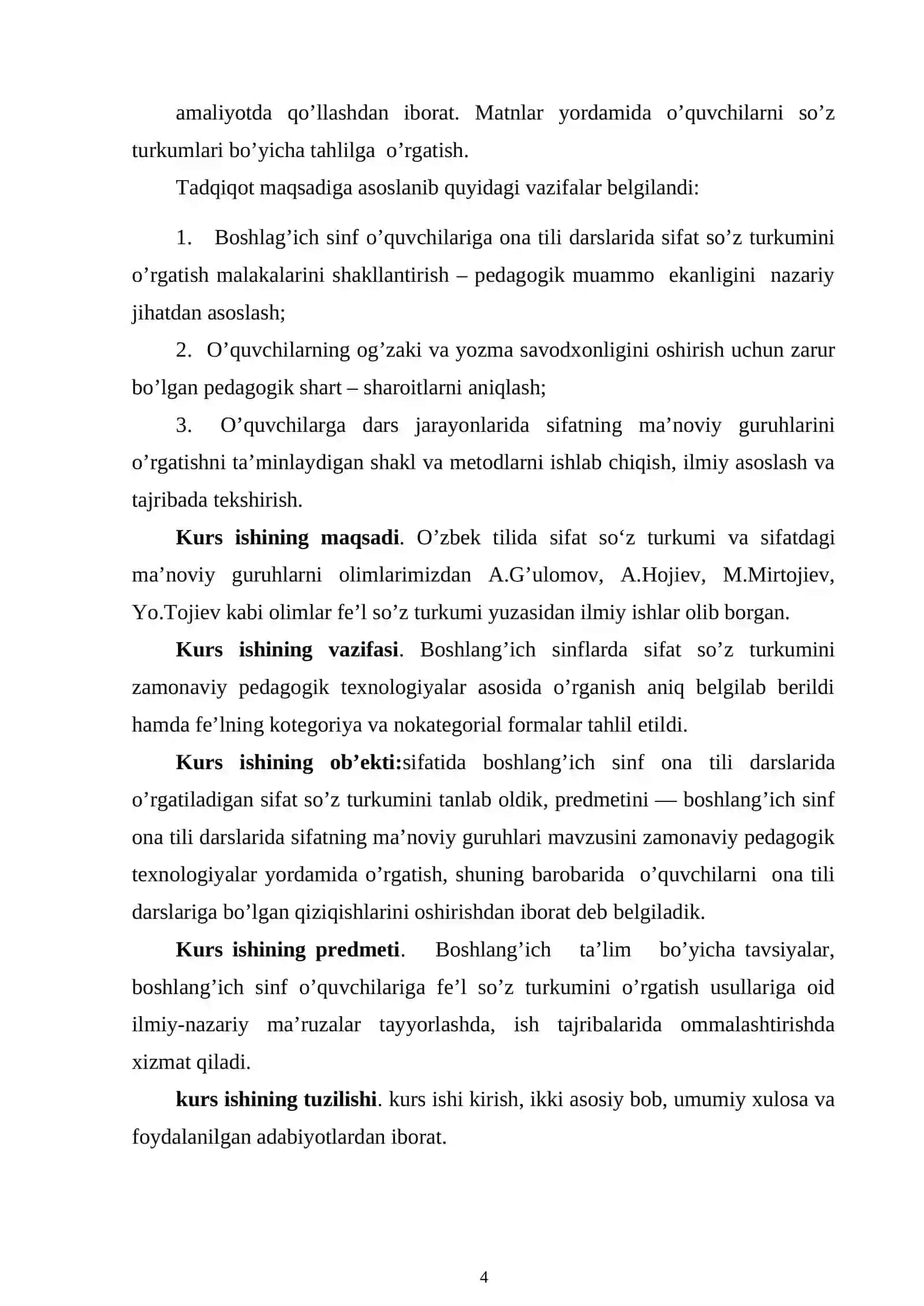 “ONA TILI O’QITISH METODIKASI” FANIDAN TAYYORLAGAN KURS ISHI 4