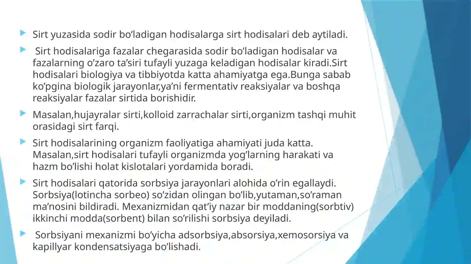 Sirt hodisalari va adsorbsiya. Xromatografiya 4