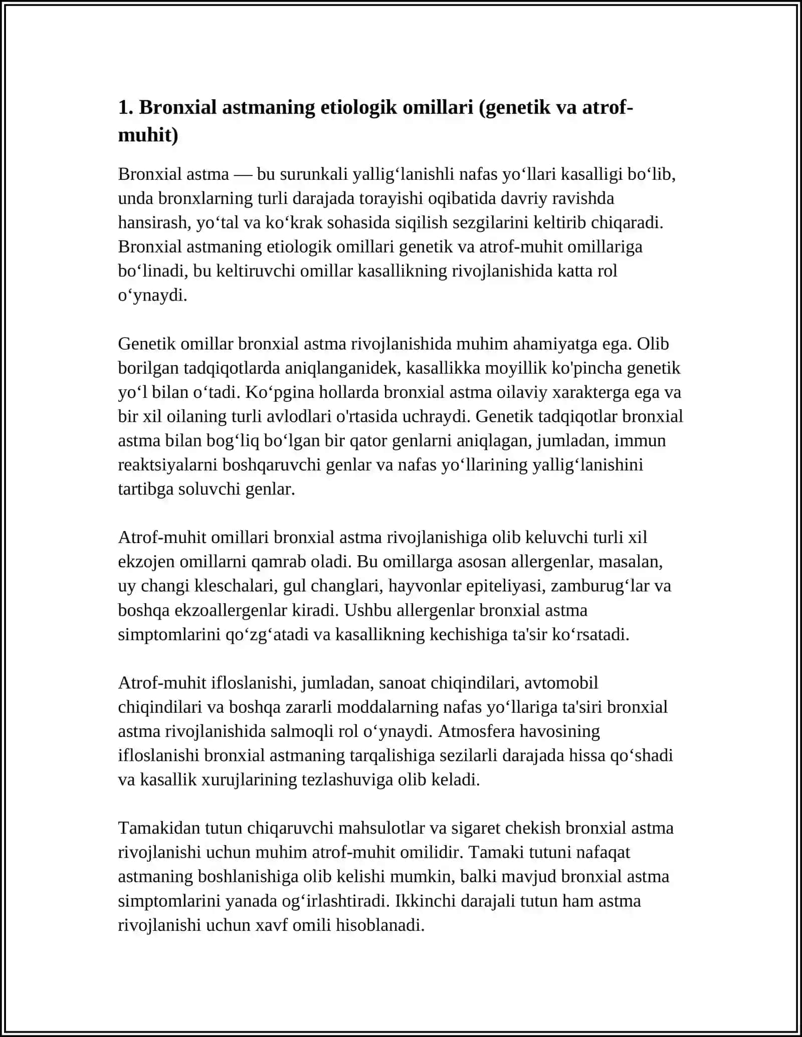BRONXIAL ASTMA. ETIOPATAGENEZI. TASNIFI, KLINIKASI, TEKSHIRISH USULLARI, DAVOLASH, PROFILAKTIKASI. ASTMATIK STATUS 4