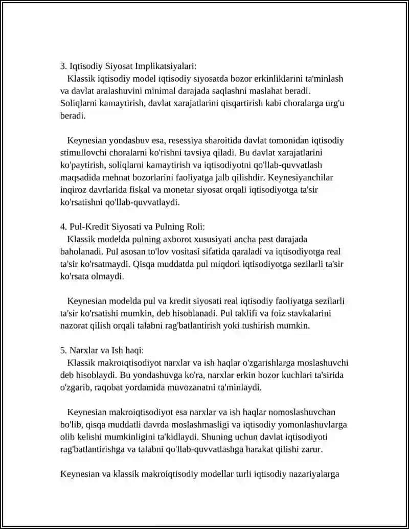 Keynesian va Klassik makroiqtisodiy modellarni solishtirish: asosiy farqlar va siyosat implikatsiyalari 4