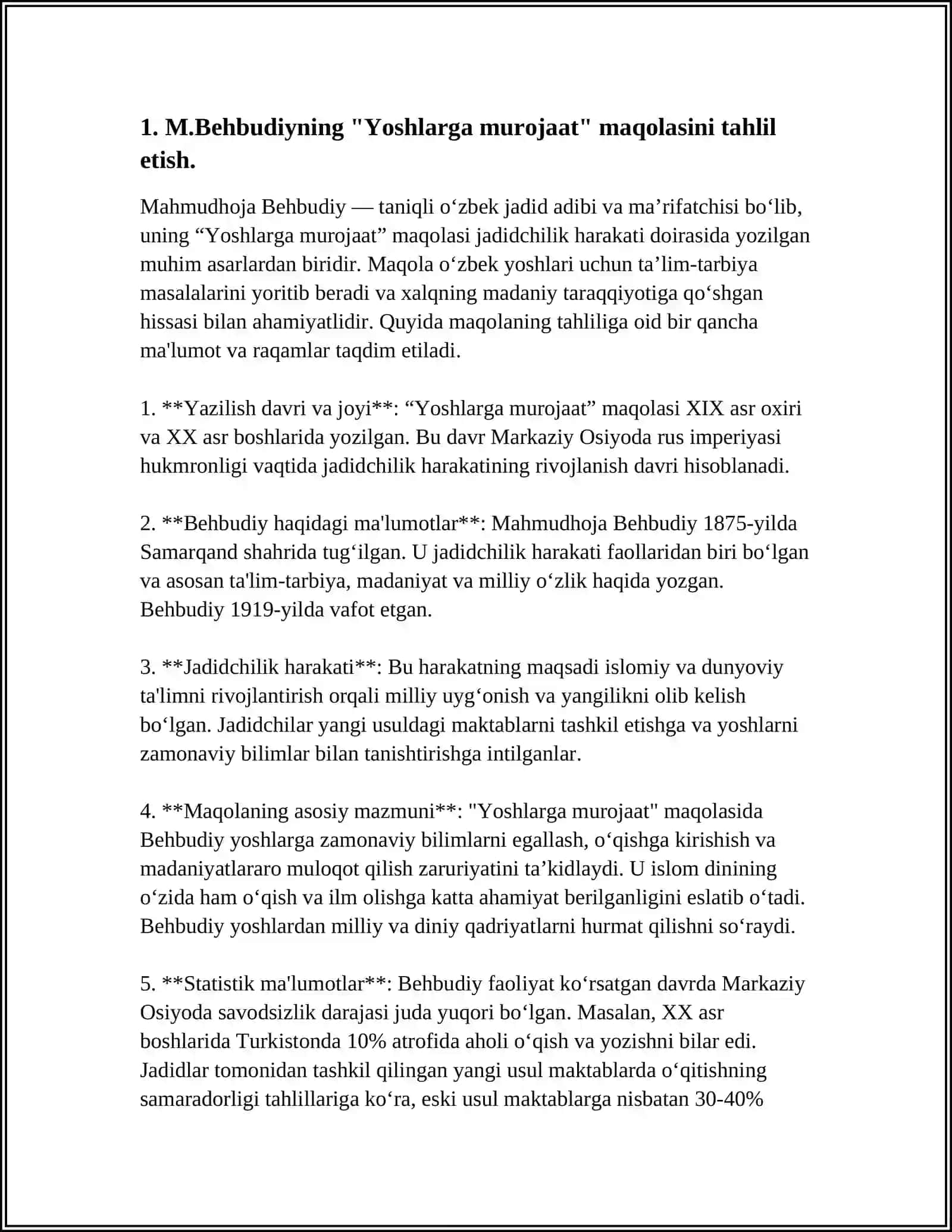 M.BEHBUDIYNING “YOSHLARGA MUROJAAT” VA “MUHTARAM YOSHLARGA MUROJAAT” MAQOLALARINI TAHLIL ETISH VA ESSE TAYYORLASH 4