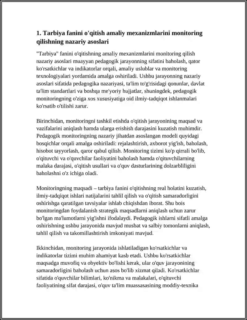 "TARBIYA" FANINI O'QITISHNING AMALIY MEXANIZMLARI MONITORINGI 4