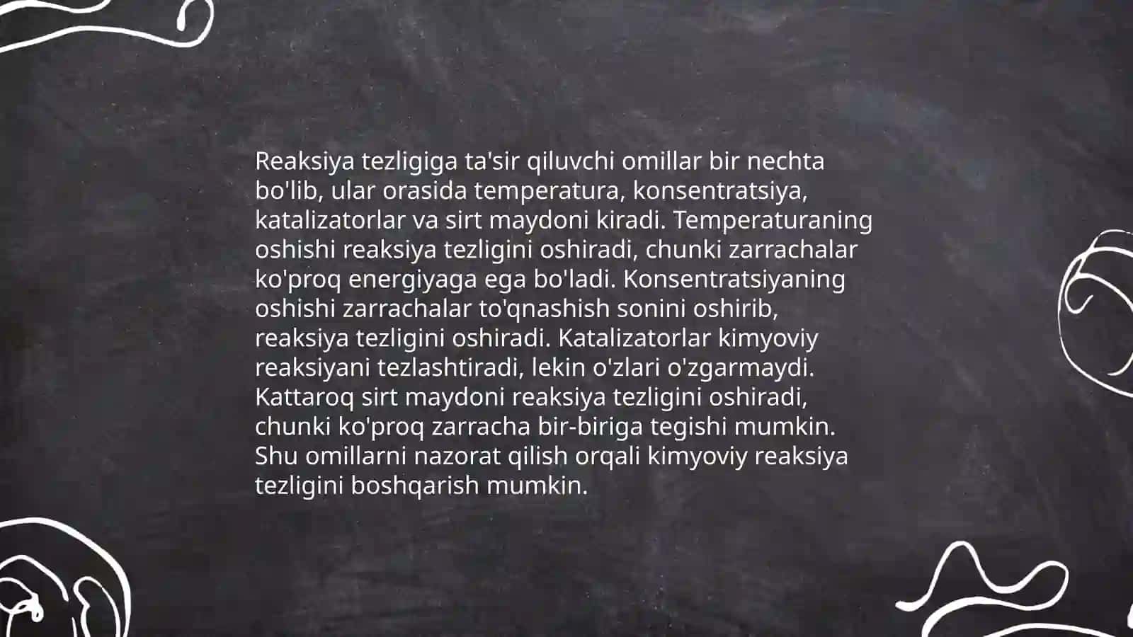 Kimyoviy reaksiya tezligi. Kimyoviy reaksiya tezligi taʼsir koʻrsatuvchi omillar. Kimyoviy muvozanat uning siljishi 4
