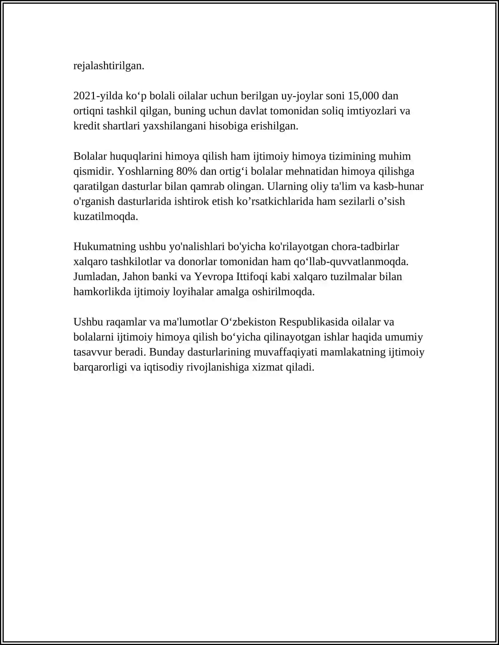 OILALAR VA BOLALARGA IJTIMOIY, HUQUQIY VA PISIXOLOGIK-PEDAGOKIK BOLIMLARI ISHIGA ALOHIDA ETIBOR QARATISH LOZIM 4