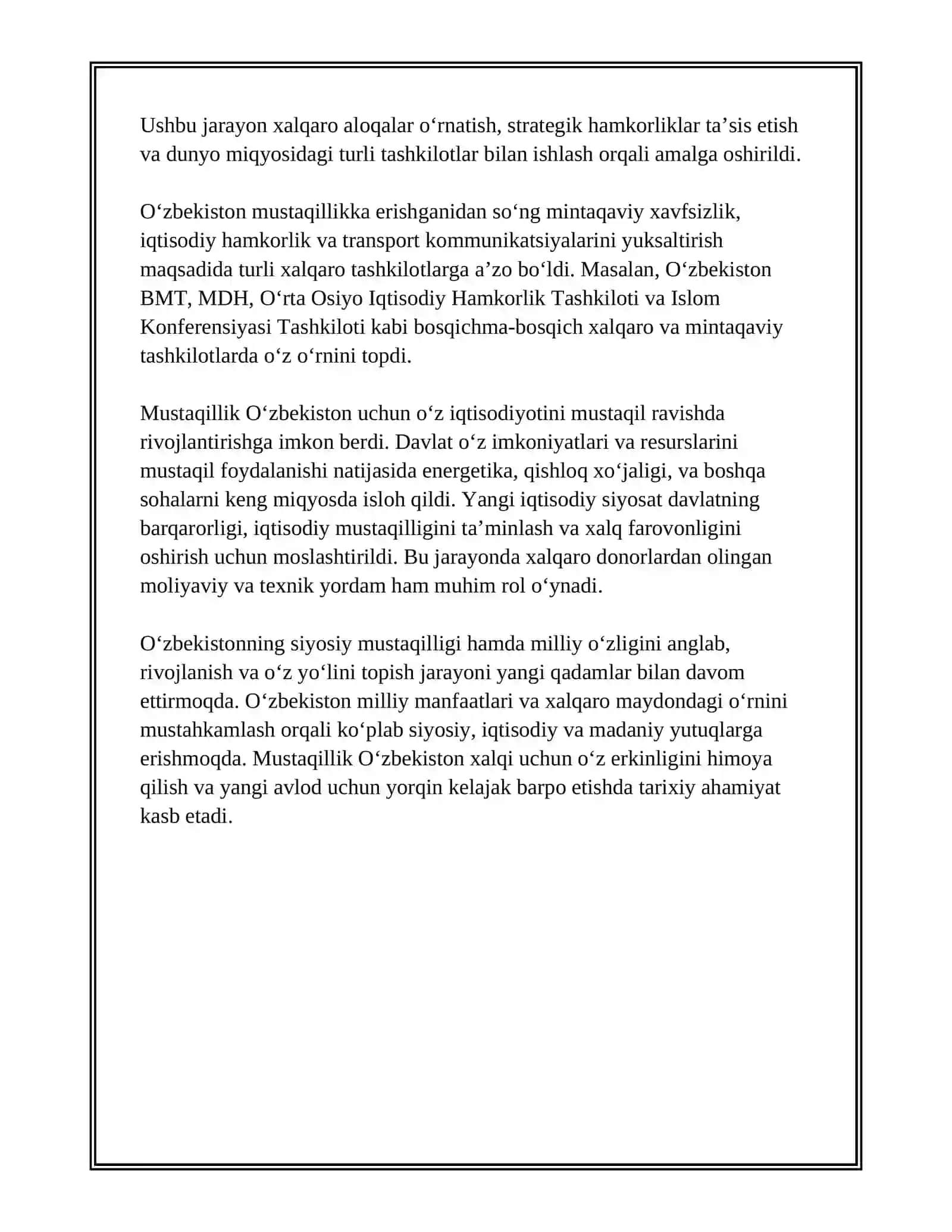 MUSTAQIL O'ZBEKISTON RESPUBLIKASINING TASHKIL TOPISHINING TARIXIY AHAMIYATI 4