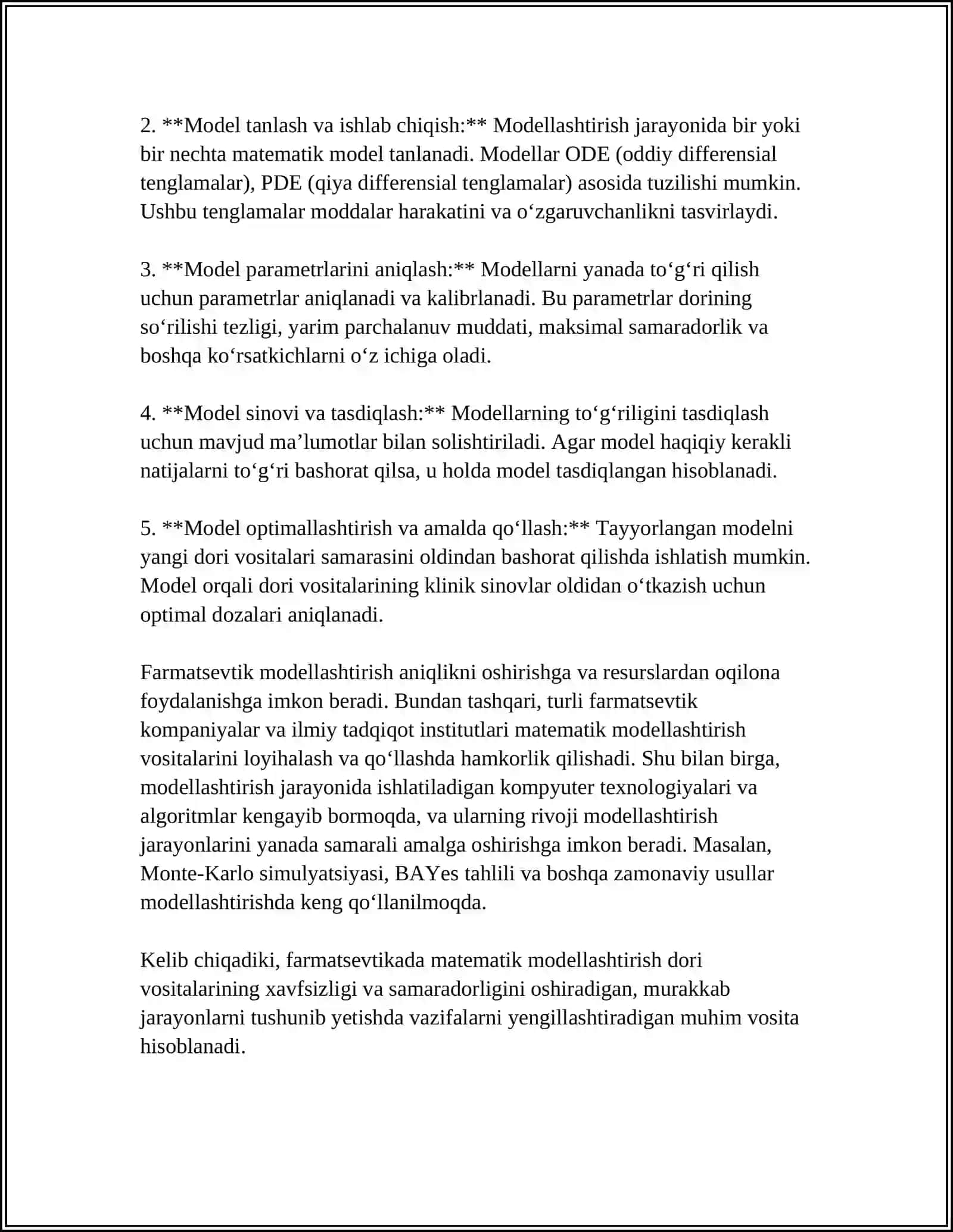 FARMATSEFTIKADA MATEMATIK MODELLASHTIRISH USLUBLARINI O'RGANISH.FIZIK VA MATEMATIK MODELLASHTIRISH, OLINGAN NATIJALAR ASOSIDA PROGNOZ QILISH 4