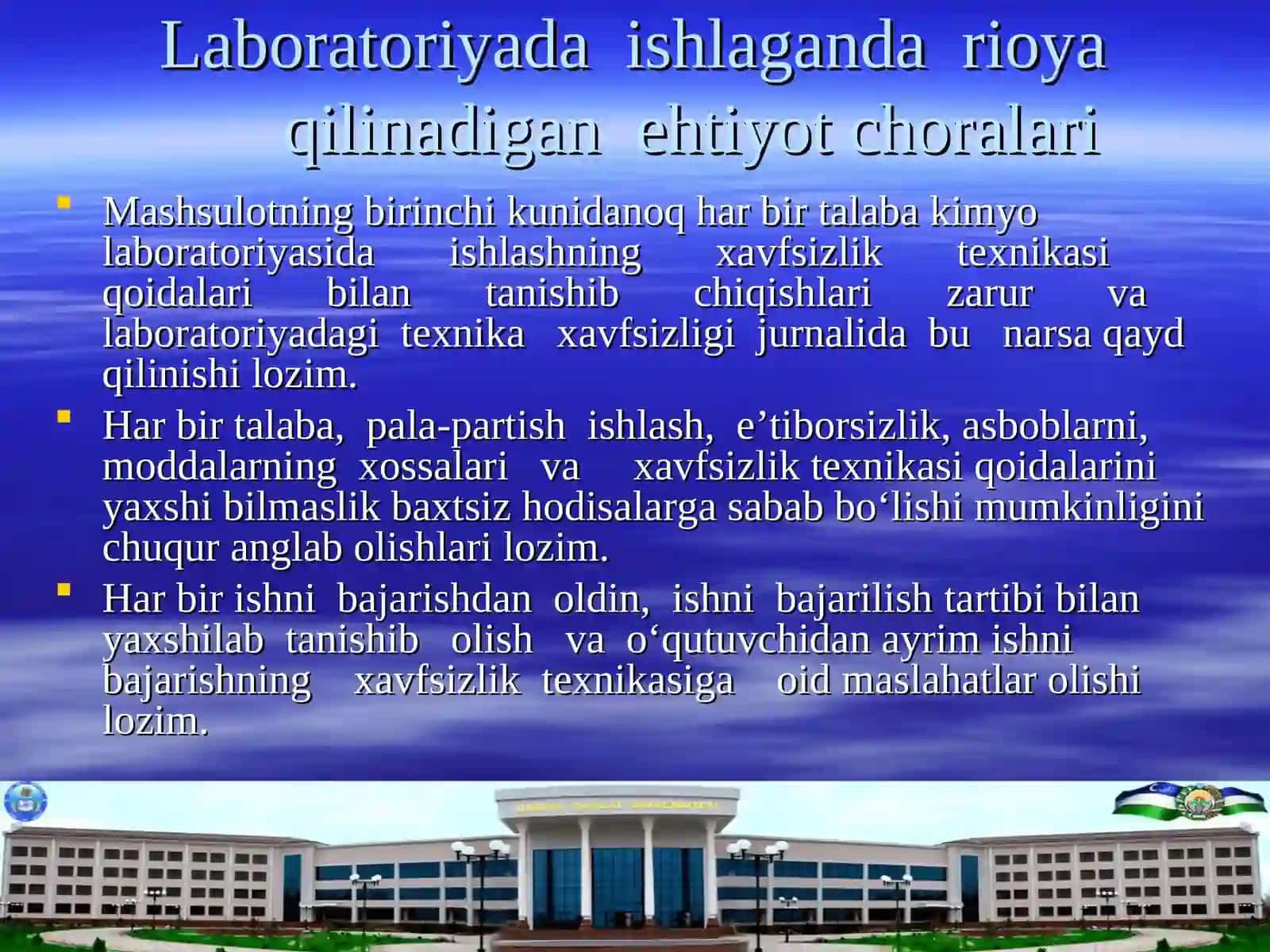 Noorganik kimyo laboratoriya xonasida ishlash xavfsizlik qoidalari. 4