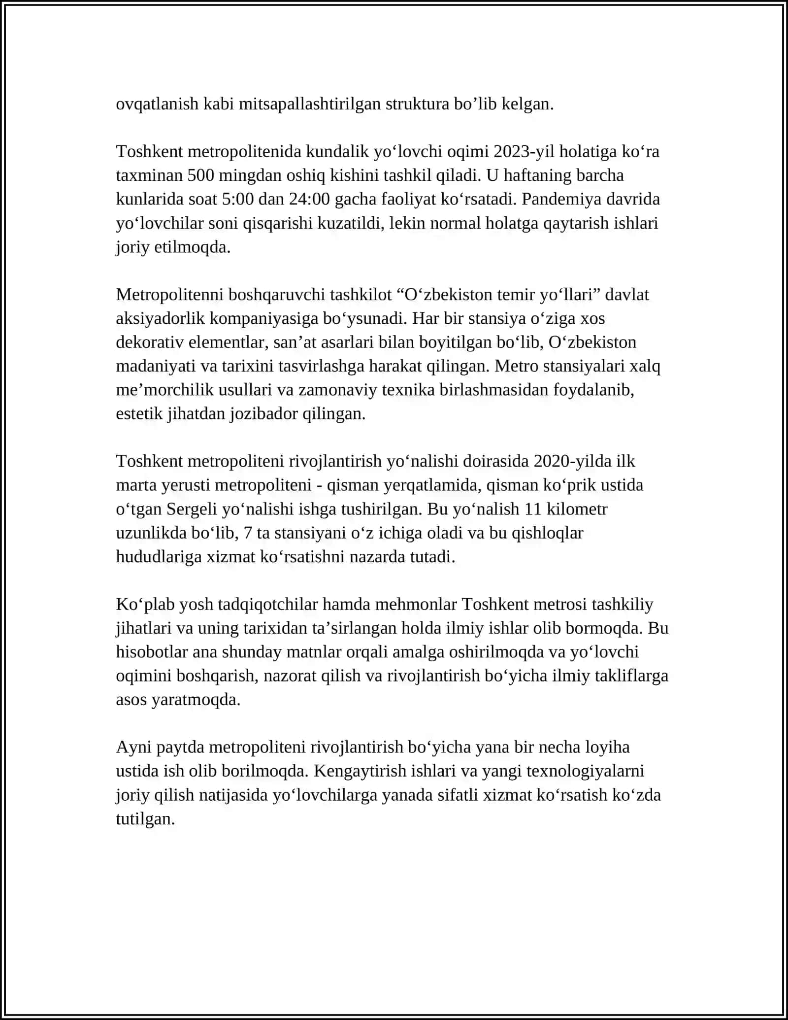 Toshkent Metropoliteni Referat 4