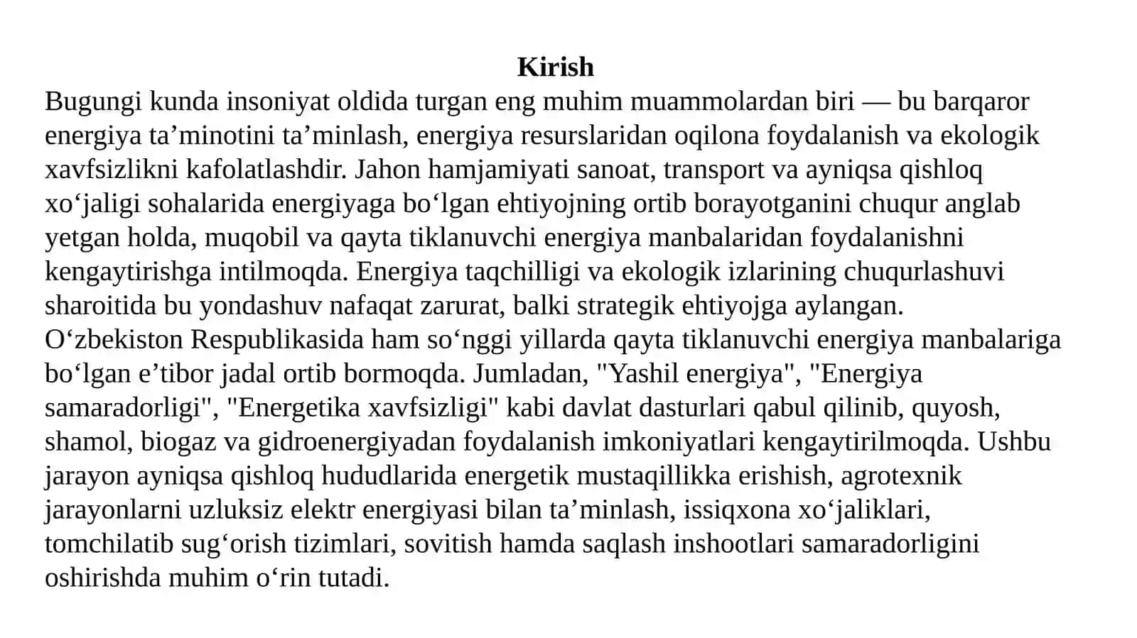 QAYTA TIKLANADIGAN ENERGIYA MANBALARI VA ULARNING QISHLOQ XO‘JALIGIDA AHAMIYATI 4