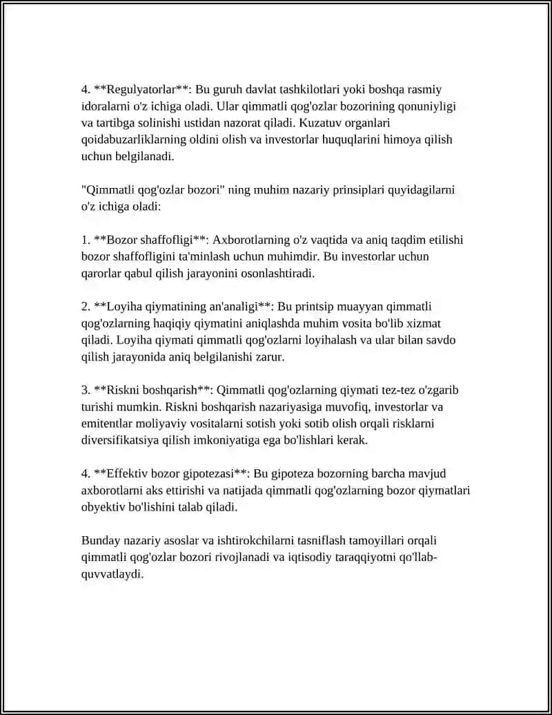 QIMMATLI QOG'OZLAR BOZORI VA UNING ISHTIROKCHILARI TASNUFINI SHAKLLANTIRISH 4
