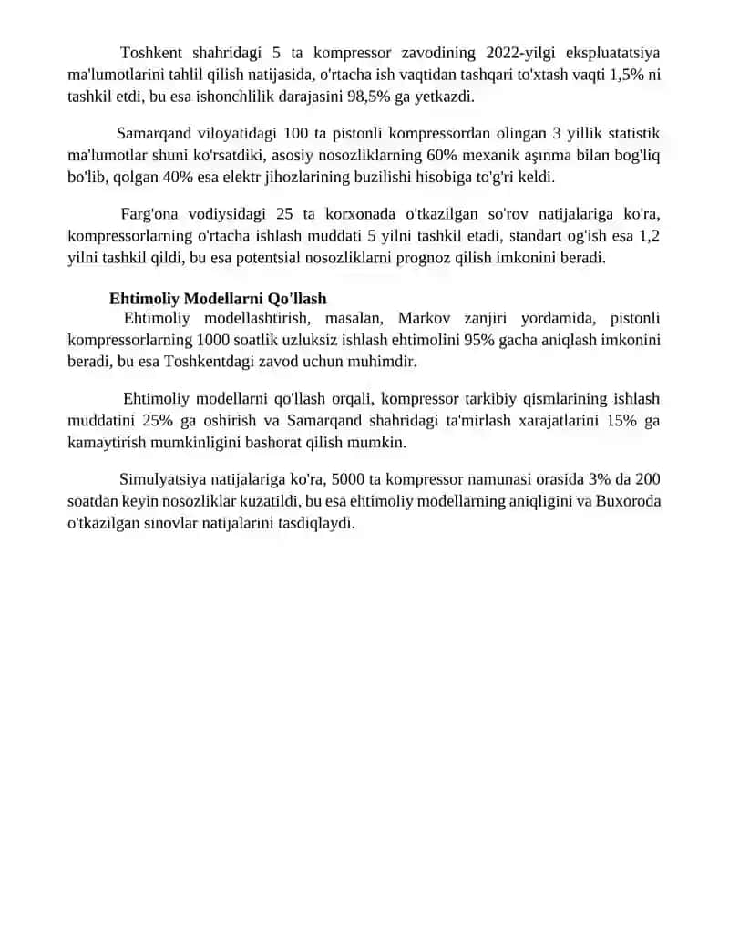 Porshenli kompressorlarni buzilmasdan ishlash extimolini aniqlash 4