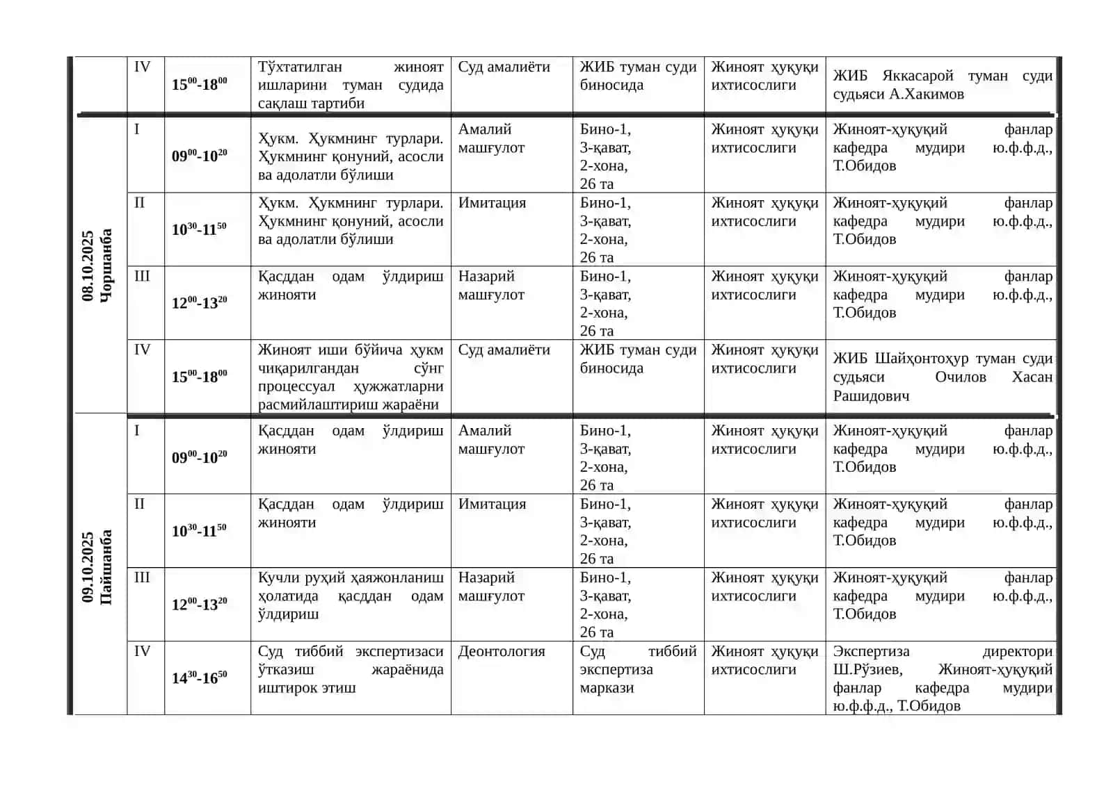 Касбий қайта тайёрлаш курси Жиноят ҳуқуқи ихтисослиги 1-гуруҳ тингловчилари учун ДАРС-ЖАДВАЛИ 4