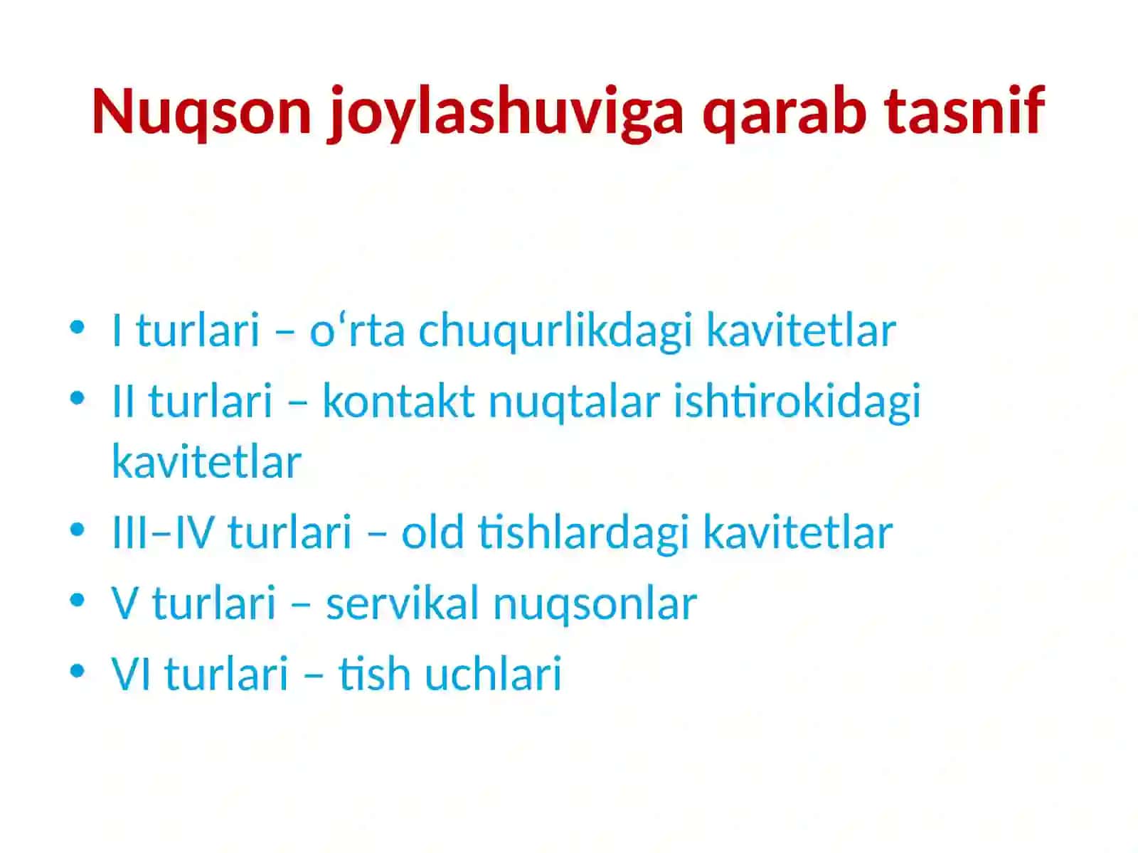 Tish qattiq toʻqima kasalliklarida nuqsonning joylashishi va chuqurligiga qarab kompozit plomba ashyosini tanlash mezonlari 4