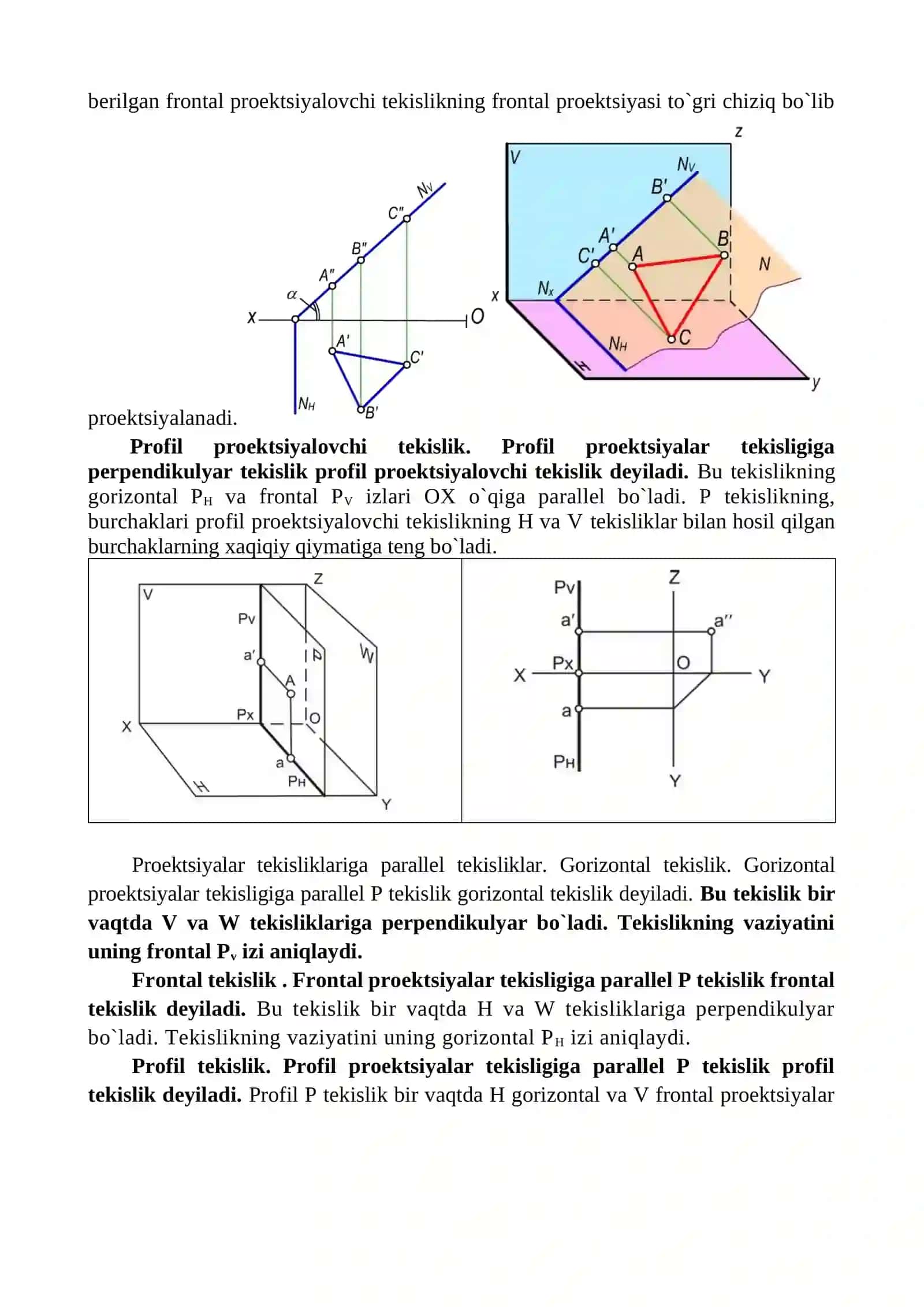Tekislik. Tekislikni chizmada berilishi. Tekislik va uning ortogonal proeksiyalari. Umumiy va xususiy vaziyatdagi tekisliklar. Tekislikning izlarini yasash. To‘g‘ri chiziq va tekislikning o‘zaro vaziyatlari. Tekislikka tegishli to‘g‘ri chiziq va nuqta. Tekislikning bosh chiziqlari 4