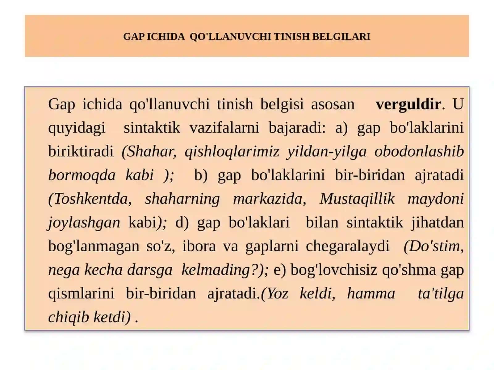 PUNKTUATSIYA (DAVOMI: TINISH BELGILARI TASNIFI VA QOIDALARI) 4