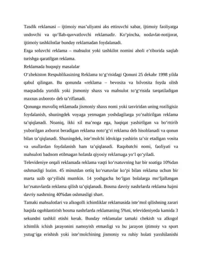 "BIZNESDA REKLAMA FAOLIYATINI TASHKIL ETISH" 4