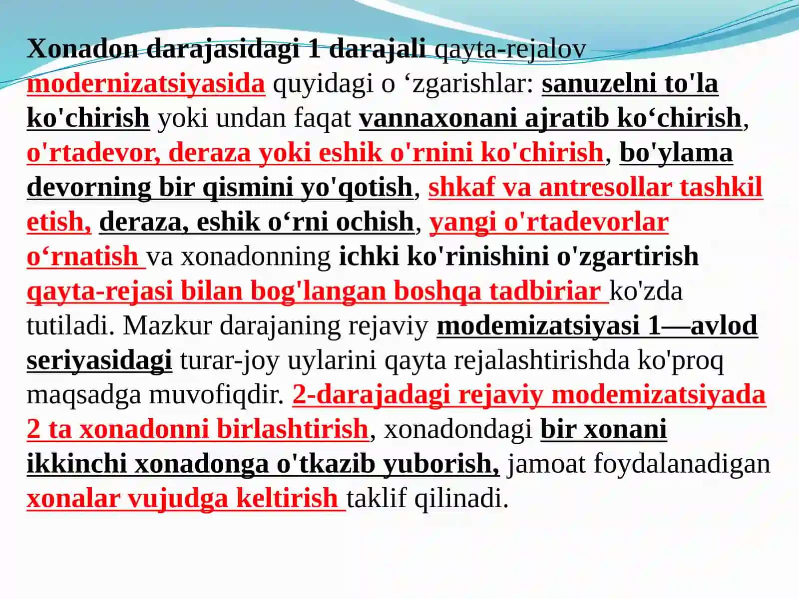 UY-JOYLARNING MODERNIZATSIYASI. MUHANDISLIK TIZIMLARINING MODERNIZATSIYASI. UY-JOYLARNING YOPMA KONSTRUKTSIYALARI 4