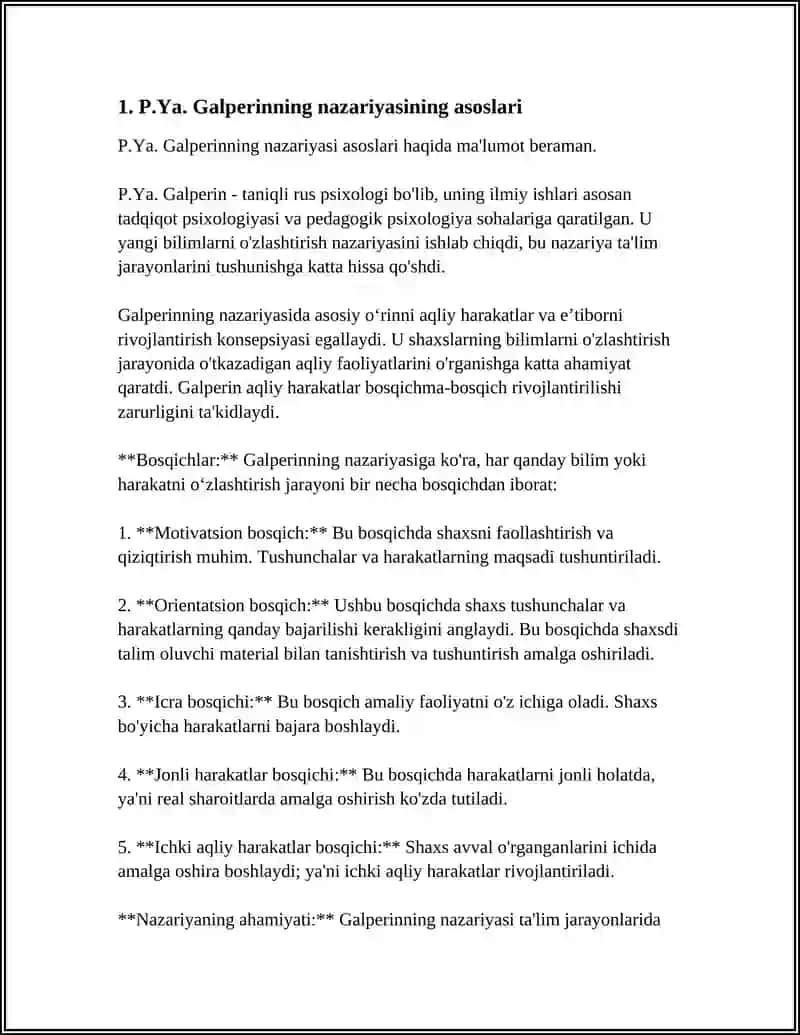 P.YA.GALPERIN BOʻYICHA AQLIY FAOLIYAT VA TUSHUNCHALARNING BOSQICHMA-BOSQICH RIVOJLANISH NAZARIYASI 4