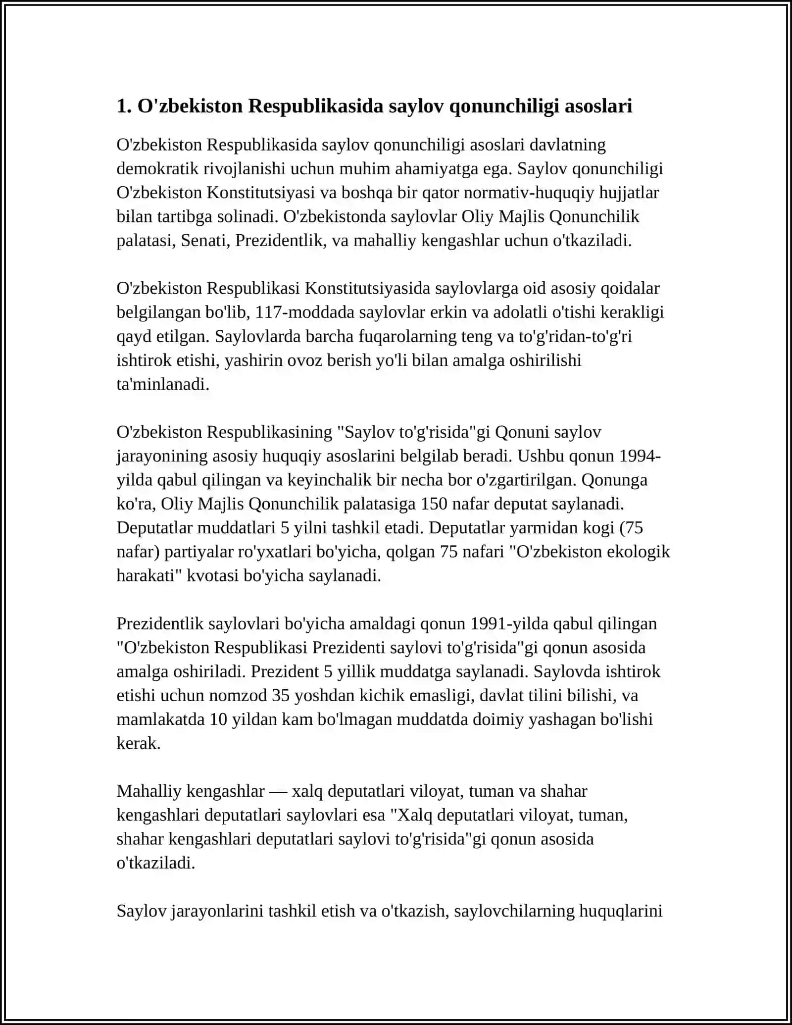 O'zbekiston Respublikasida Saylov Jarayonining Huquqiy Tartibga Olinishi 4