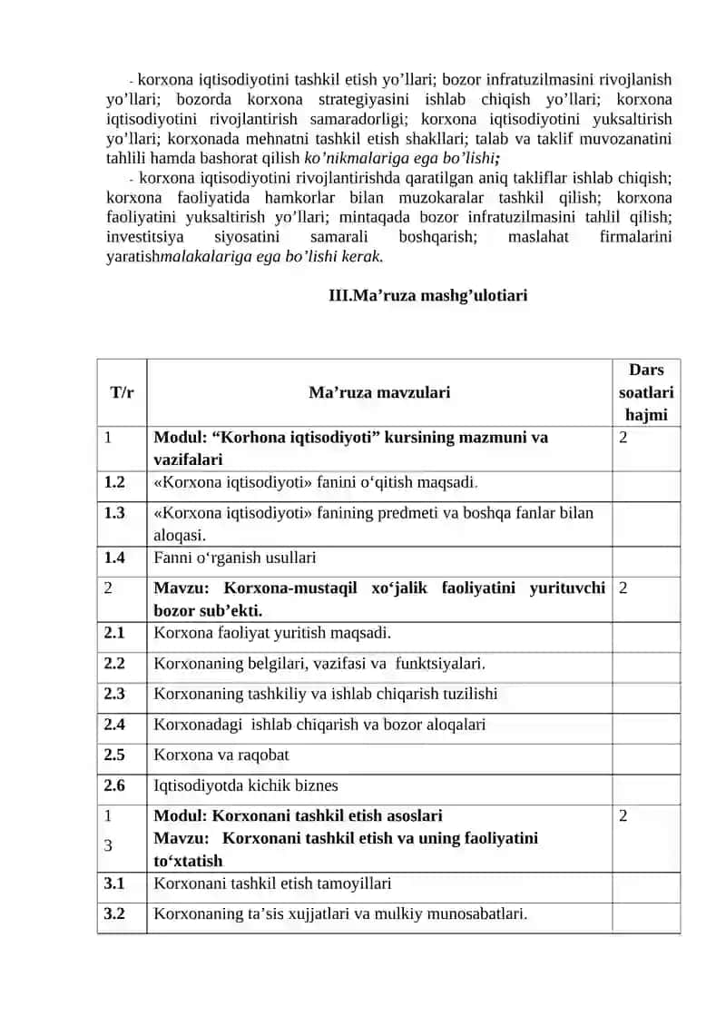 «KORXONA IQTISODIYOTI»fanining ISHCHI O‘QUV DASTURI 4