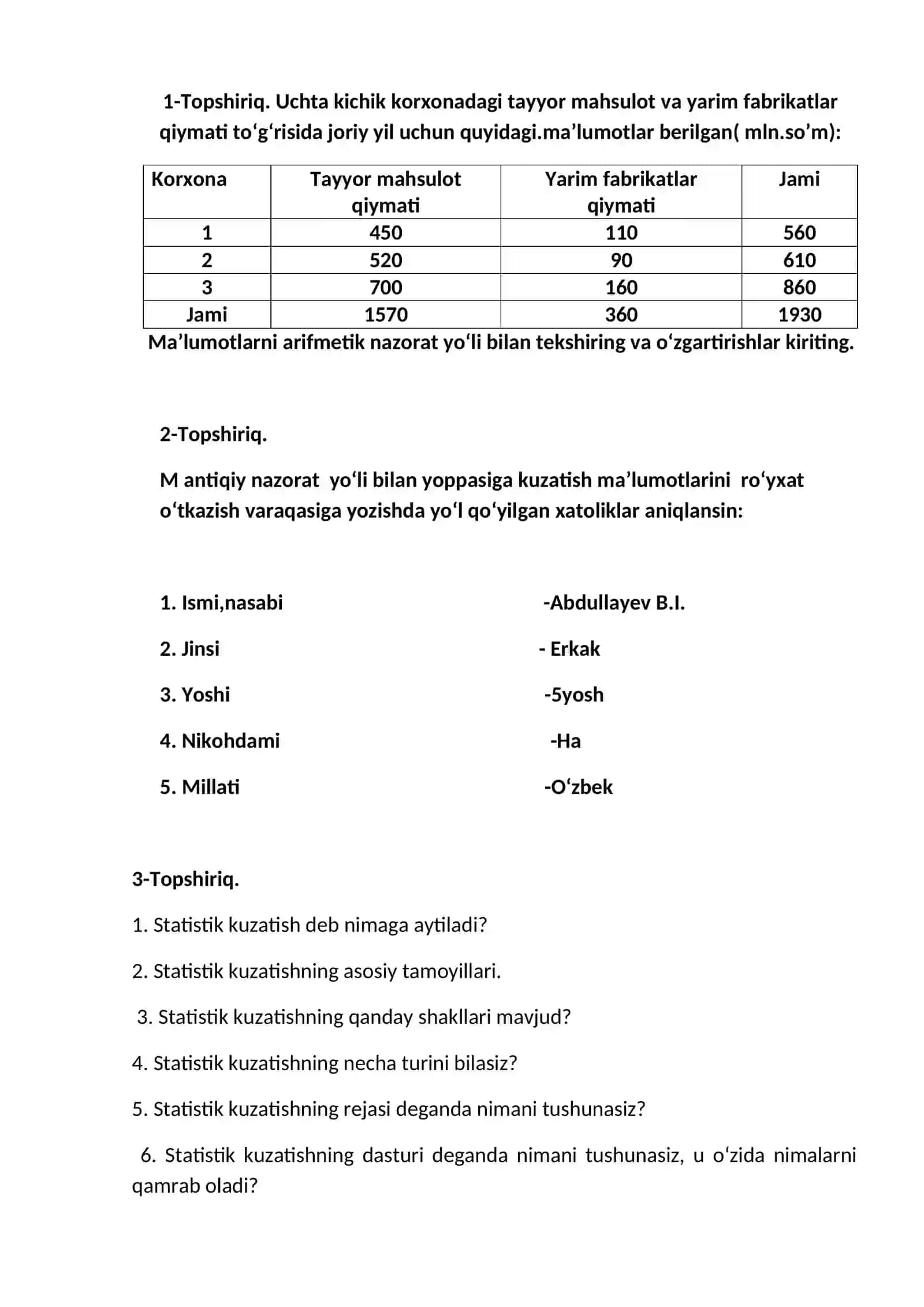 3-AMALIY MASHG’ULOT. I: Statistik kuzatish uslubiyati 4