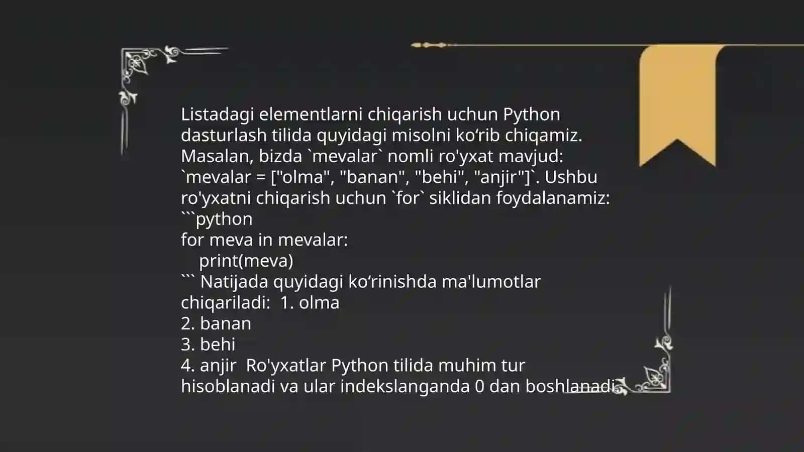 Python dasturlash tilida for funksiyasi qatnashgan dasturlar tuzing 4