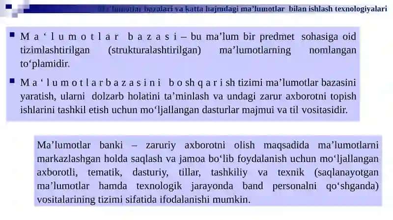 Ma’lumotlar bazalari va katta hajmdagi ma’lumotlar  bilan ishlash texnologiyalari. 4
