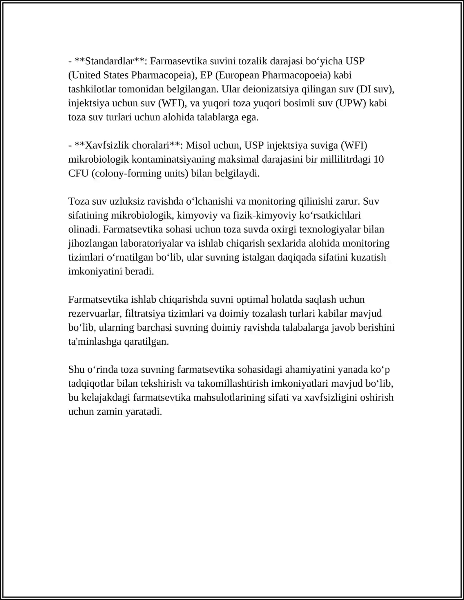 FARMASEFTIKA SOHASI UCHUN TOZA SUV:STANDARTLAR VA JARAYONLAR 4