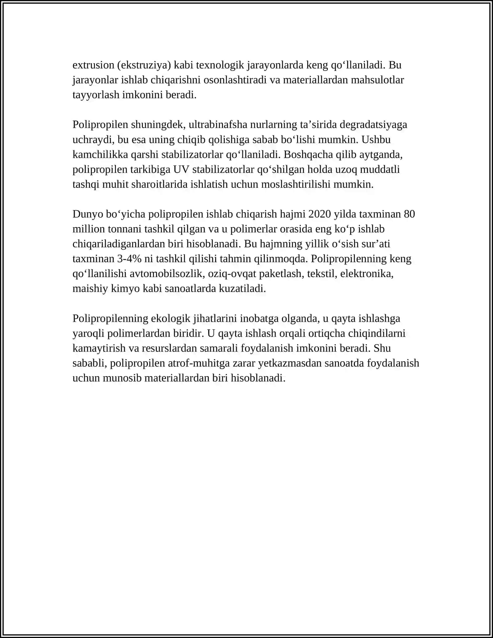 POLIPROPILEN MARKALARI XOSSALARI QO'LANILISHI 4