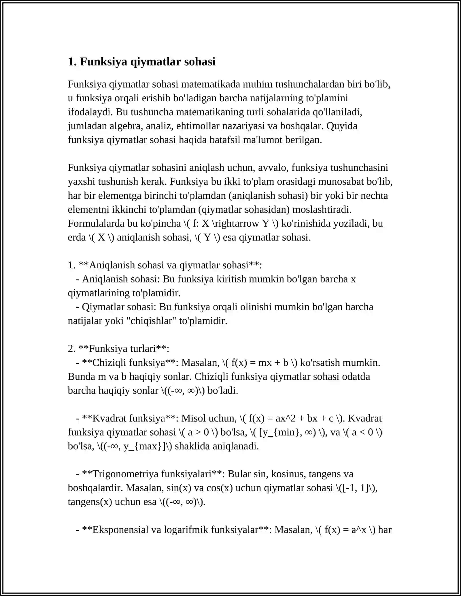 FUNKSIYANING QIYMATLAR SOHASINI TOPISH.FUNKSIYANING JUFT TOQLIGI.FUNKSIYANING DAVRIYLIGI.FUNKSIYANING O'SISHI VA KAMAYISHI (MONOTONLIGI) TESKARI FUNKSIYANING HOSILASI 4
