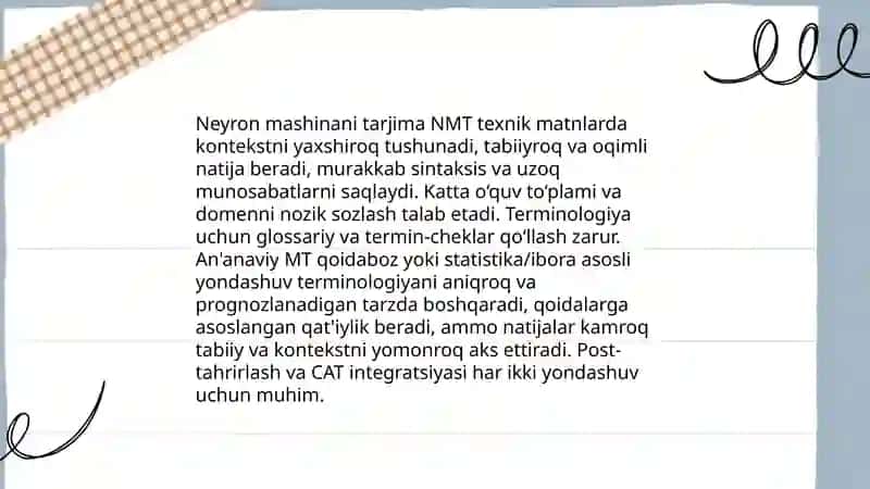 Neyron mashinani tarjima (NMT) va an'anaviy MT farqlari texnik matnlarda 4