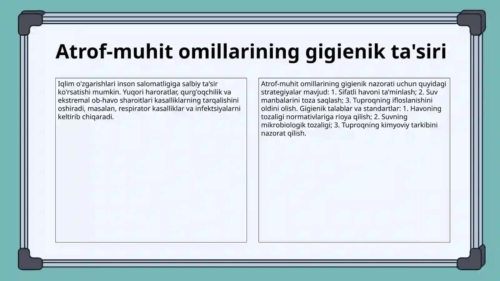 Atmosferahavosi,suv,tuproqningnomuvofiqomillarinigigienikreglamentlashgabo'lganumumiyyondoshishlar 4