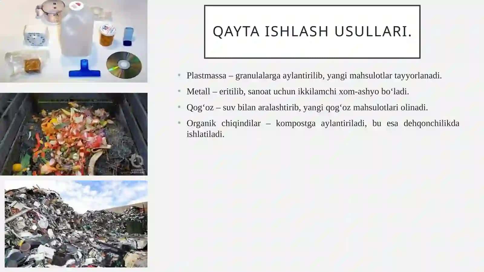 Shahar maishiy va qattiq chiqindilari utilizatsiyasi va ikkilamchi mahsulotlar olish 4