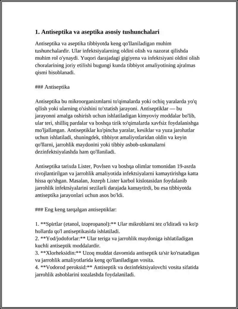 ANTISEPTIKA VA ASEPTILA ASOSLARINI ORGANISH XIRURGIK BEMORLARNI QABUL QILISHDA SANITAR ISHLOV BERISHNINH AXAMIYATI 4